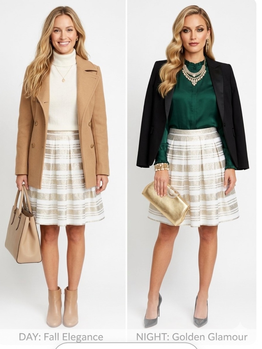 Love Reign Gold and White Striped Pleated Skater Skirt